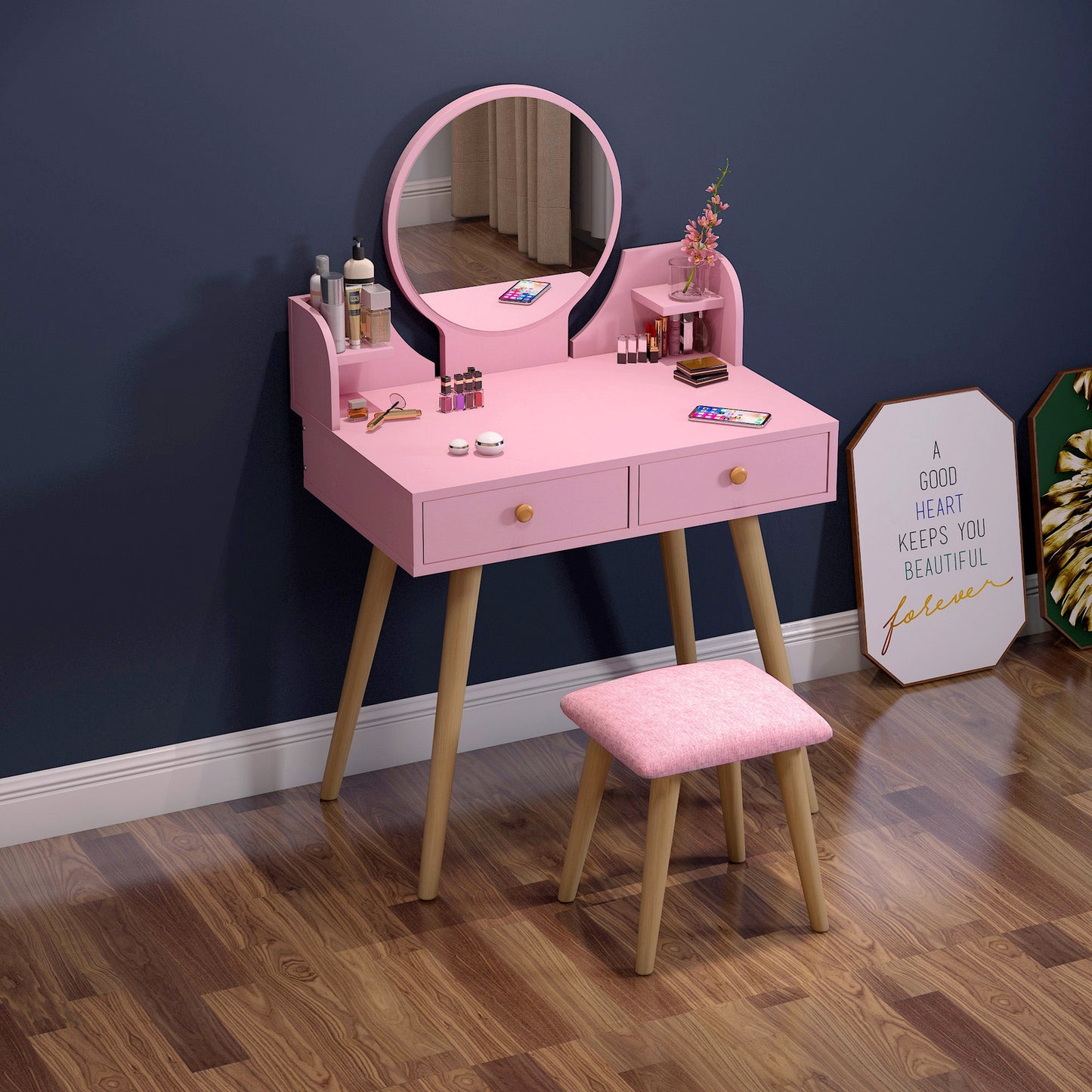 Princess Dresser Vanity Table with Mirror, Stool and Storage Drawers Set (Pink)