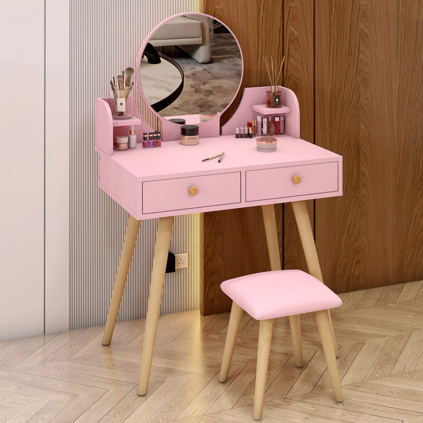 Princess Dresser Vanity Table with Mirror, Stool and Storage Drawers Set (Pink)