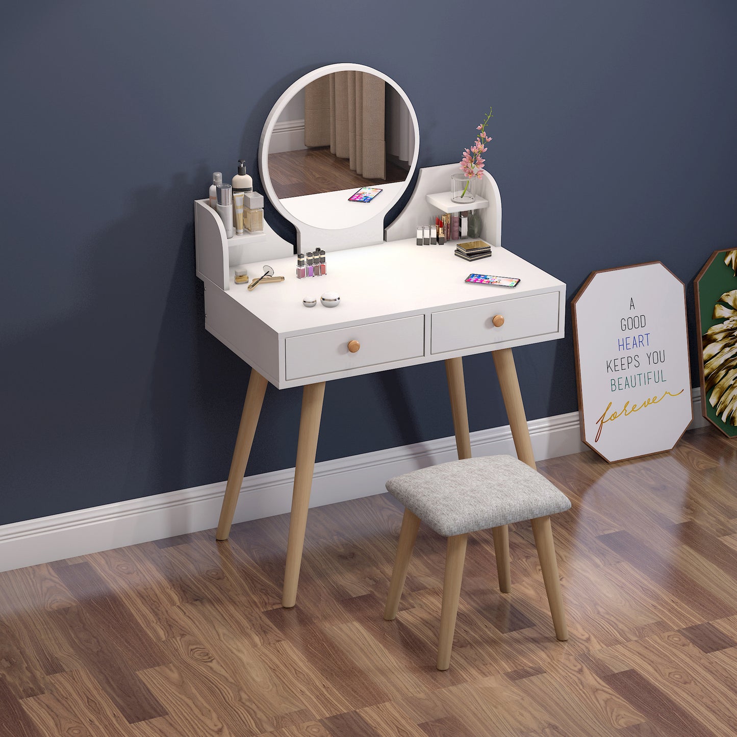 Princess Dresser Vanity Table with Mirror, Stool and Storage Drawers Set (White)