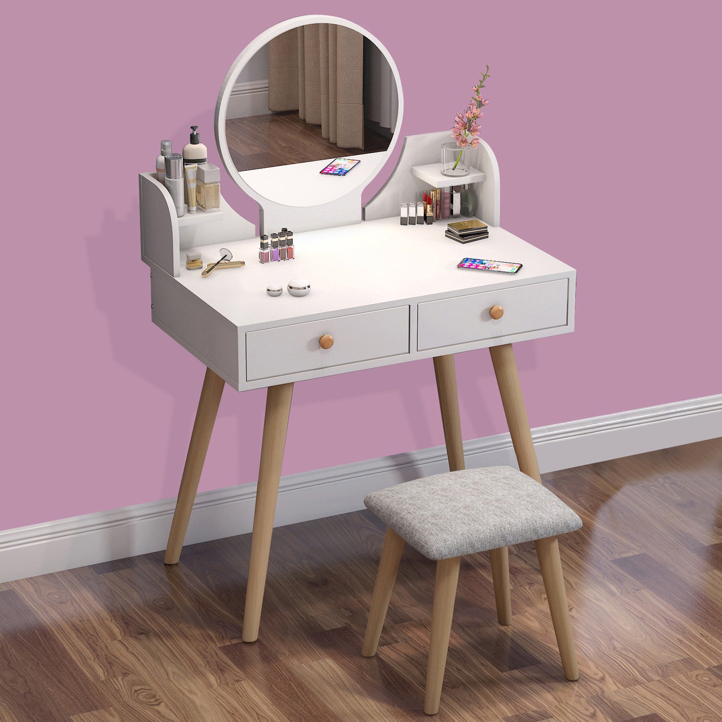 Princess Dresser Vanity Table with Mirror, Stool and Storage Drawers Set (White)