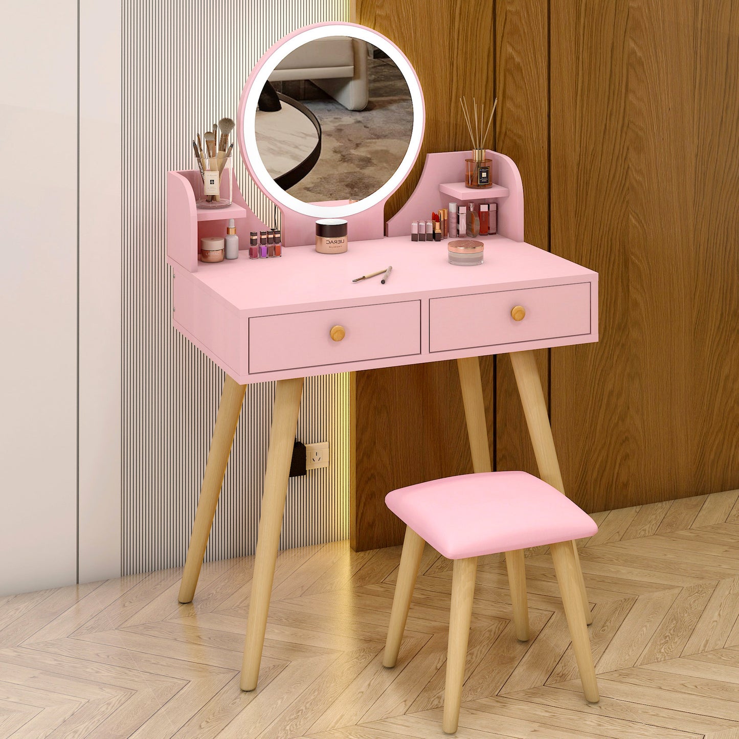 LED Luminous Princess Dresser Vanity Table with Mirror, Stool and Storage Drawers Set (Pink)