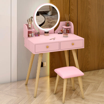 LED Luminous Princess Dresser Vanity Table with Mirror, Stool and Storage Drawers Set (Pink)