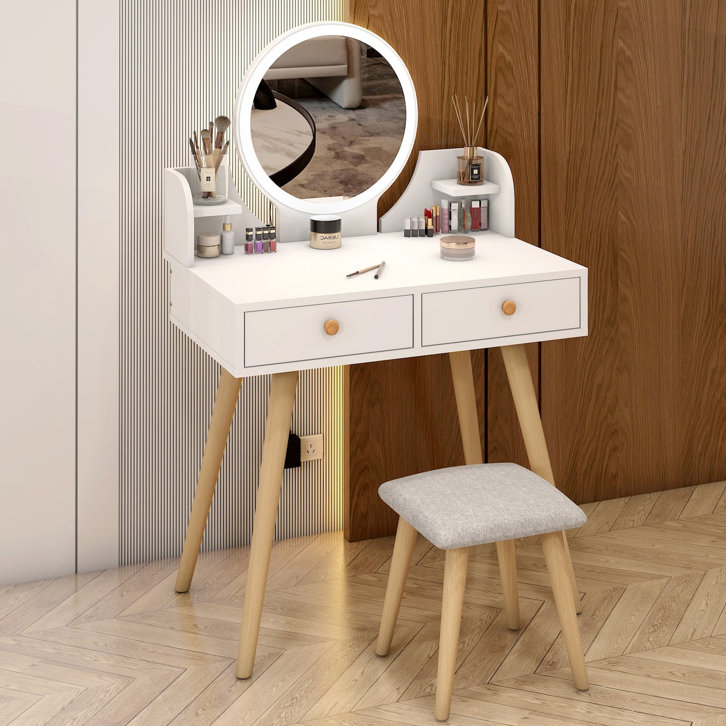 LED Luminous Princess Dresser Vanity Table with Mirror, Stool and Storage Drawers Set