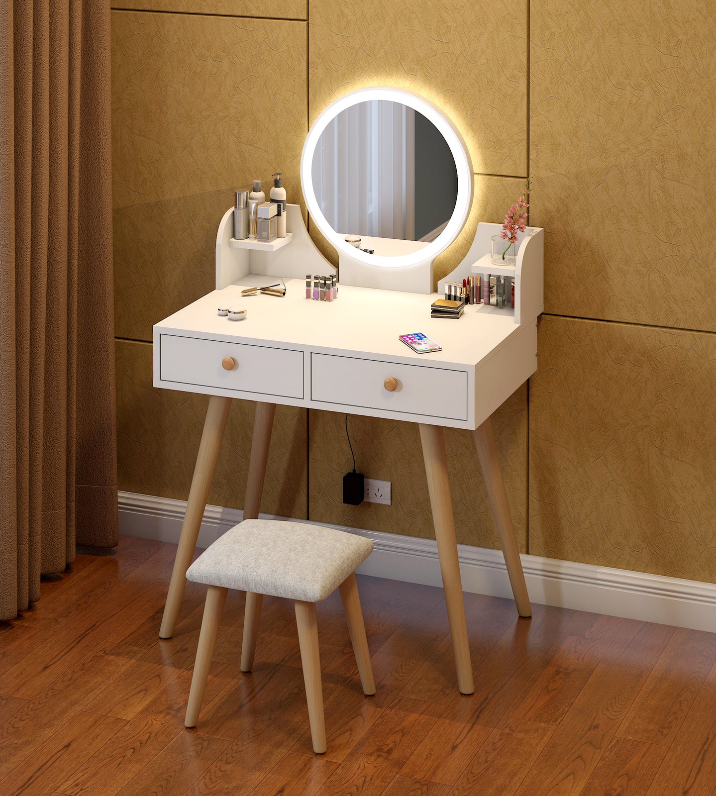 LED Luminous Princess Dresser Vanity Table with Mirror, Stool and Storage Drawers Set