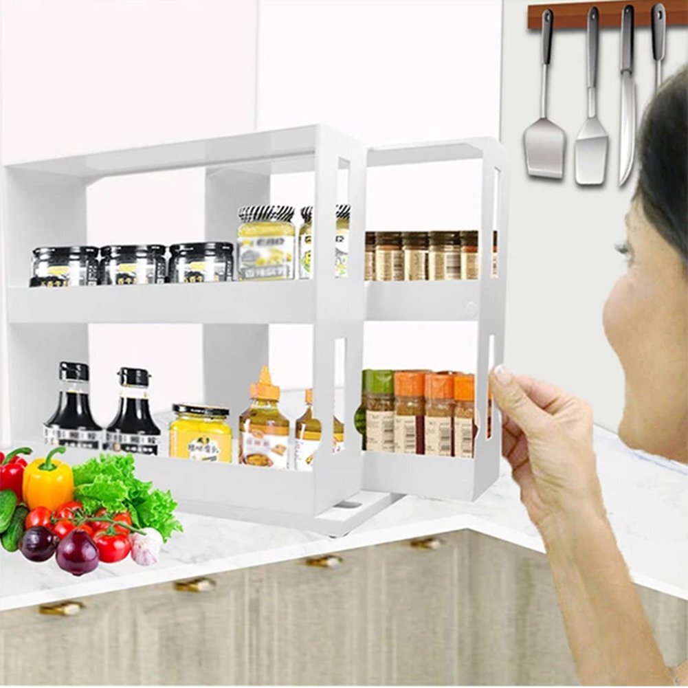 2-Tier Rotating Spice Storage Rack Seasoning Holder Kitchen Cabinet Shelf Organiser