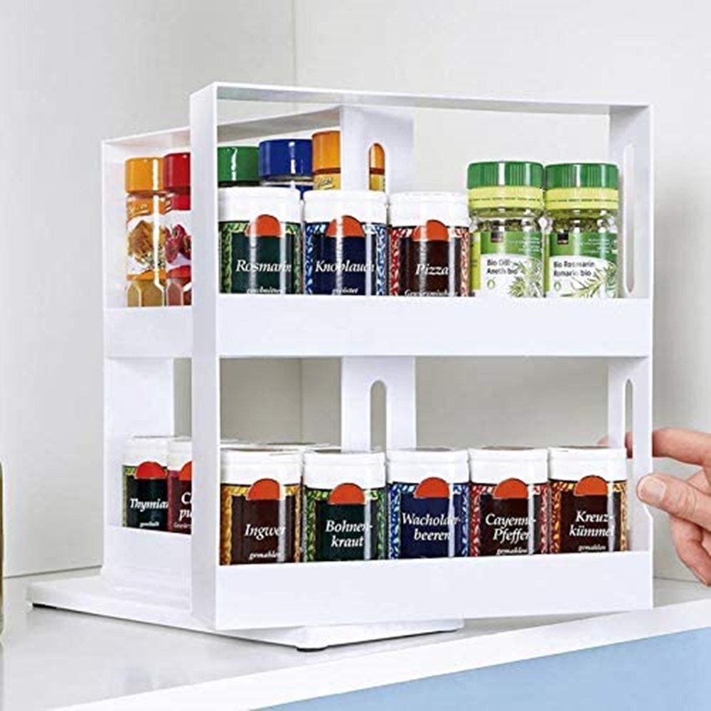 2-Tier Rotating Spice Storage Rack Seasoning Holder Kitchen Cabinet Shelf Organiser