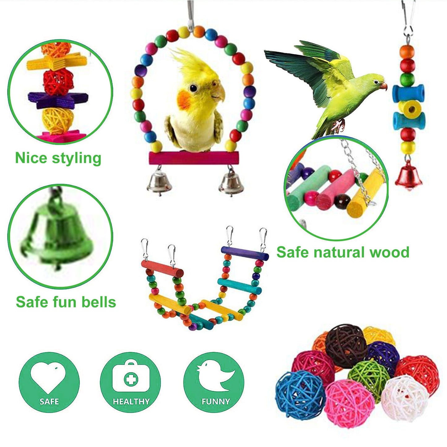 16-Piece Interactive Bird Toys Collection Swing Perche Cage Accessories