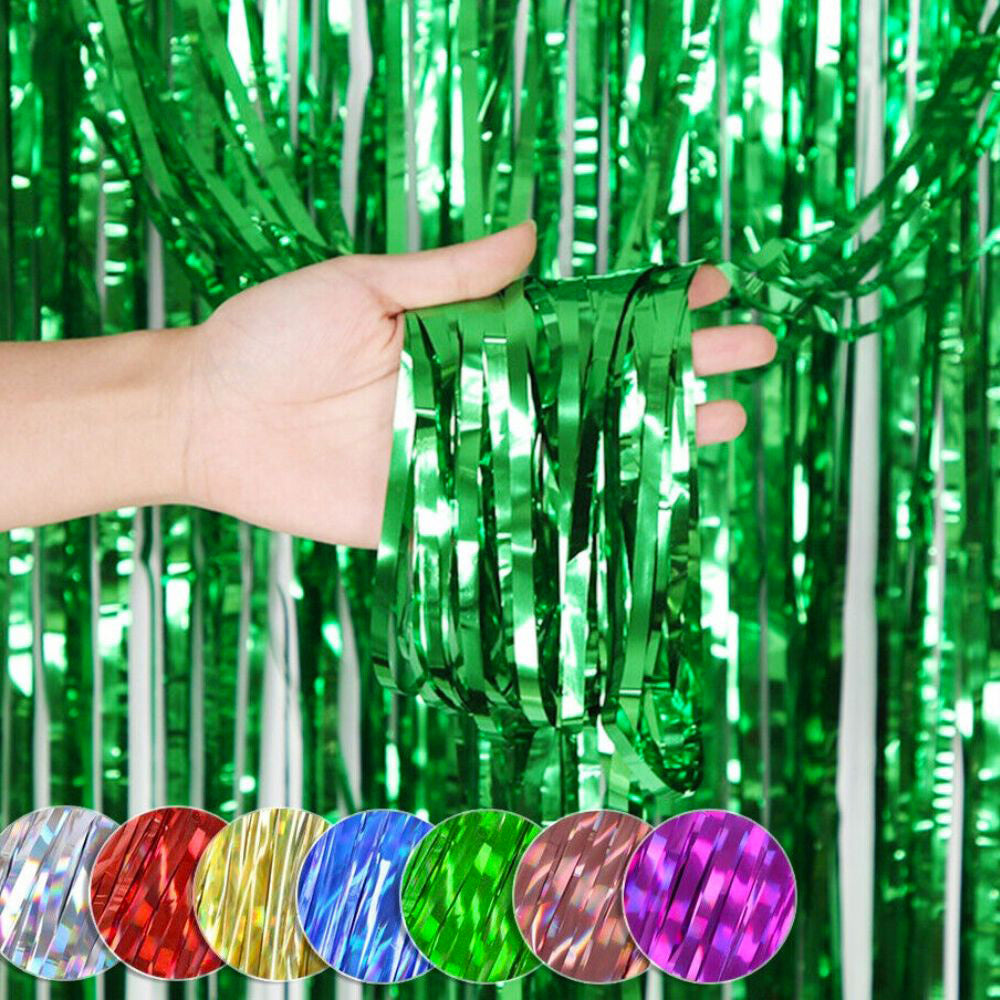 Metallic Foil Tinsel Fringe Curtain Backdrop Party Decoration (Green)