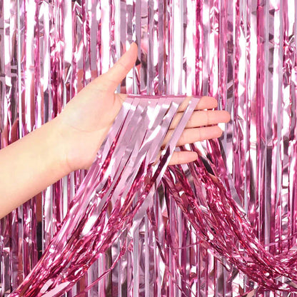 Metallic Foil Tinsel Fringe Curtain Backdrop Party Decoration (Pink)