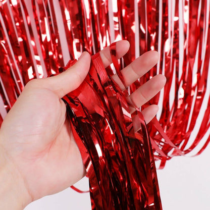 Metallic Foil Tinsel Fringe Curtain Backdrop Party Decoration (Red)