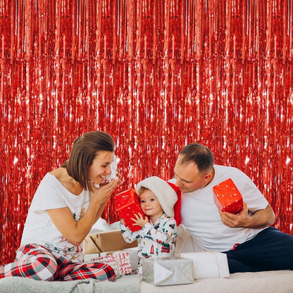 Metallic Foil Tinsel Fringe Curtain Backdrop Party Decoration (Red)