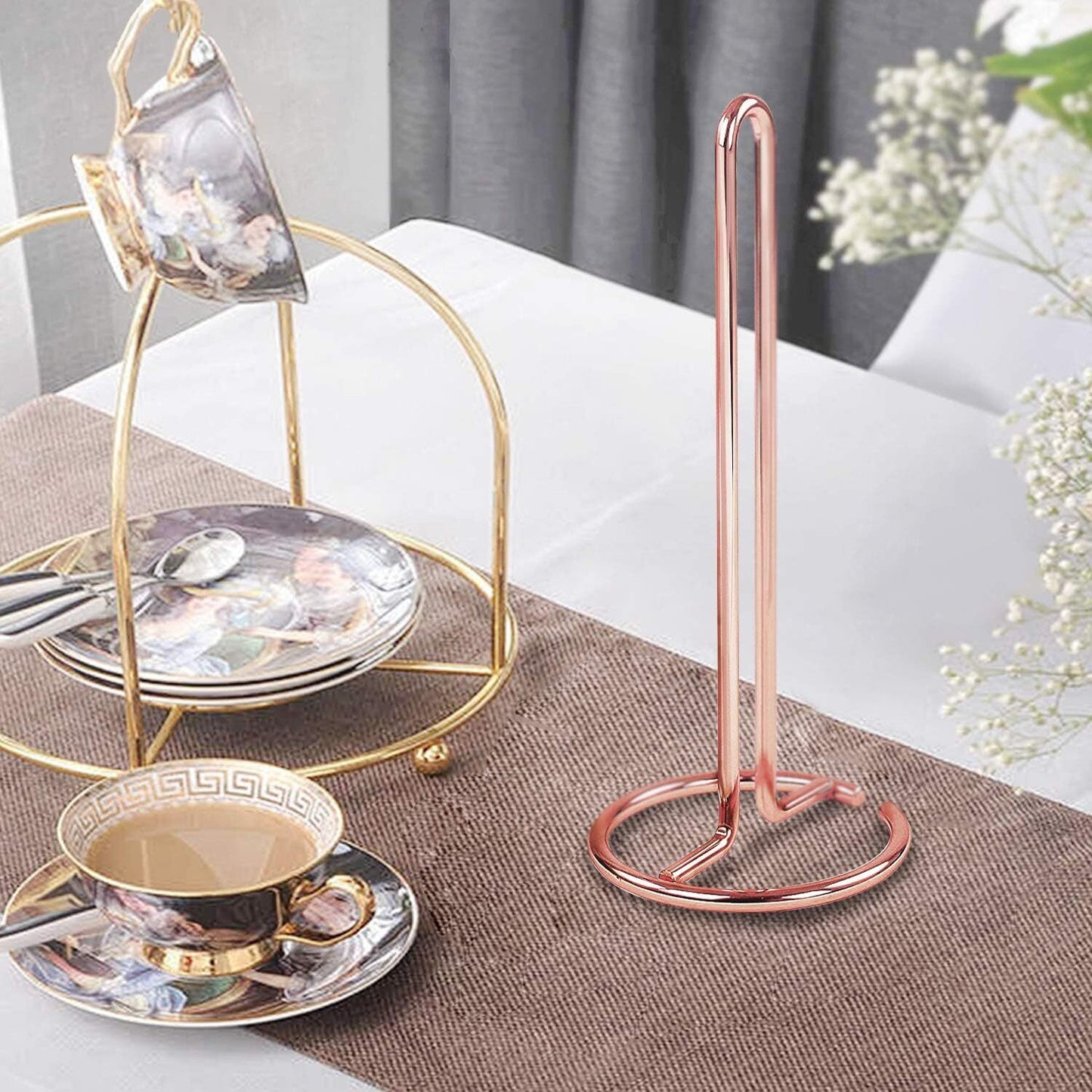 Steel Paper Towel Holder Toilet Paper Stand Kichen Bathroom Tissue Rack Organizer (Rose Gold)