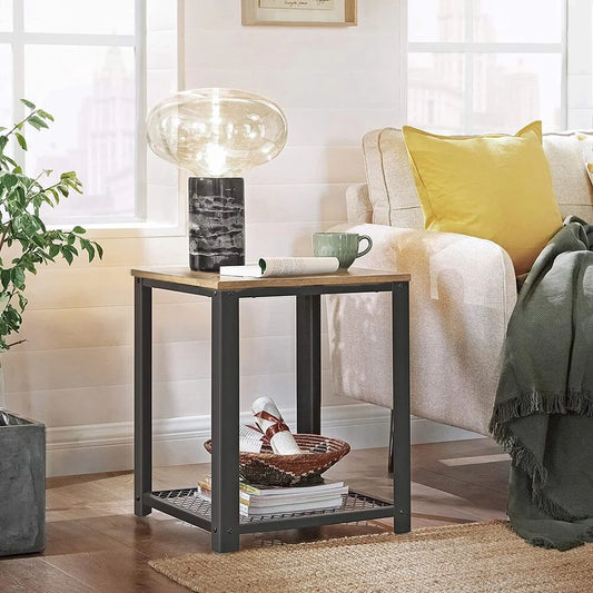 Loft Rustic Oak Industrial Wood & Steel Side Table with Storage Shelf