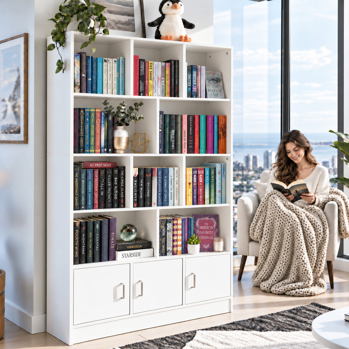 Alpha 10-Shelf 3-Door Wardrobe Cupboard Bookshelf Cabinet (White)