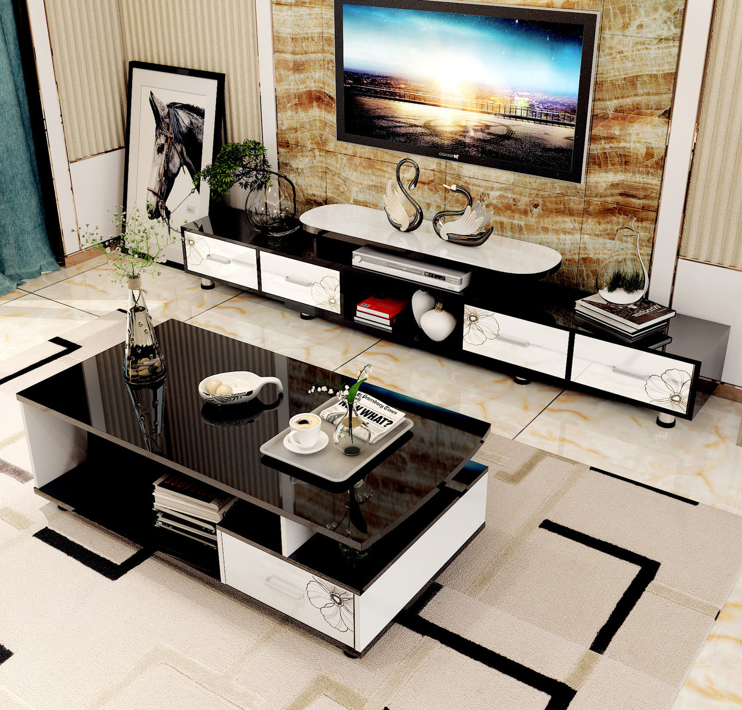 Luxe Large 4-Drawer Extendable TV Cabinet (High Gloss White & Black)