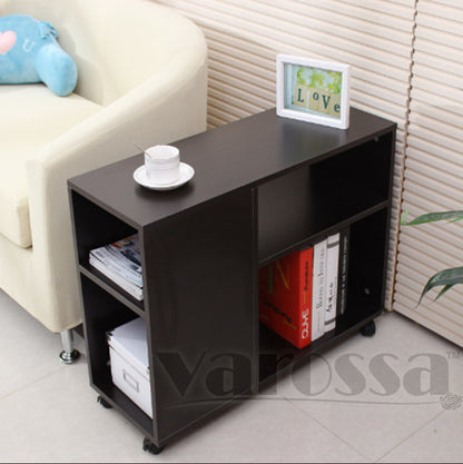 Versatile Sofa Side Table & Magazine Shelf with Casters (Black Walnut)