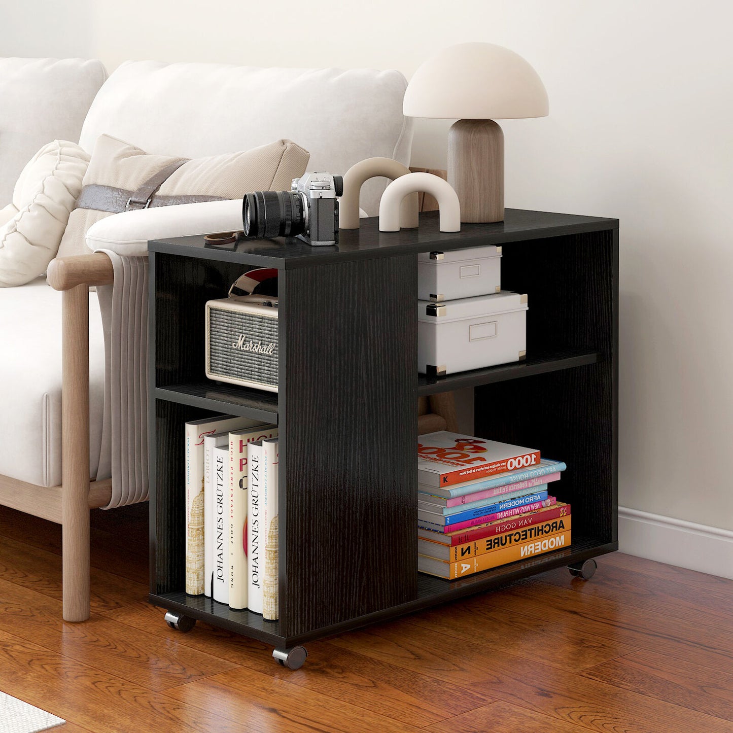 Versatile Sofa Side Table & Magazine Shelf with Casters (Black Walnut)