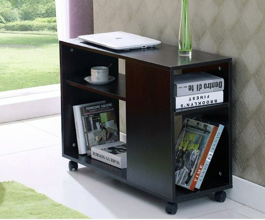 Versatile Sofa Side Table & Magazine Shelf with Casters (Black Walnut)