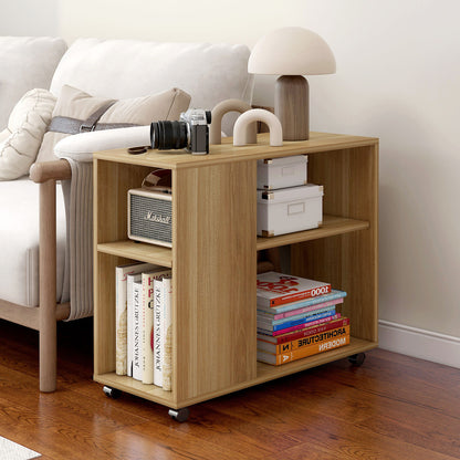 Versatile Sofa Side Table & Magazine Shelf with Casters (Oak)