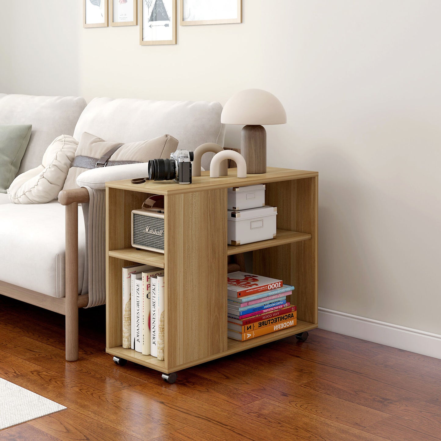 Versatile Sofa Side Table & Magazine Shelf with Casters (Oak)