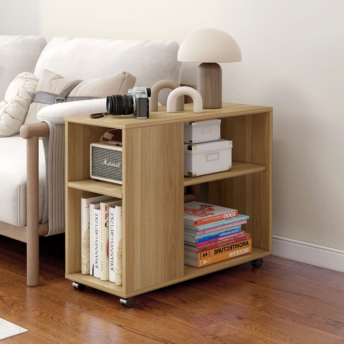 Versatile Sofa Side Table & Magazine Shelf with Casters (Oak)