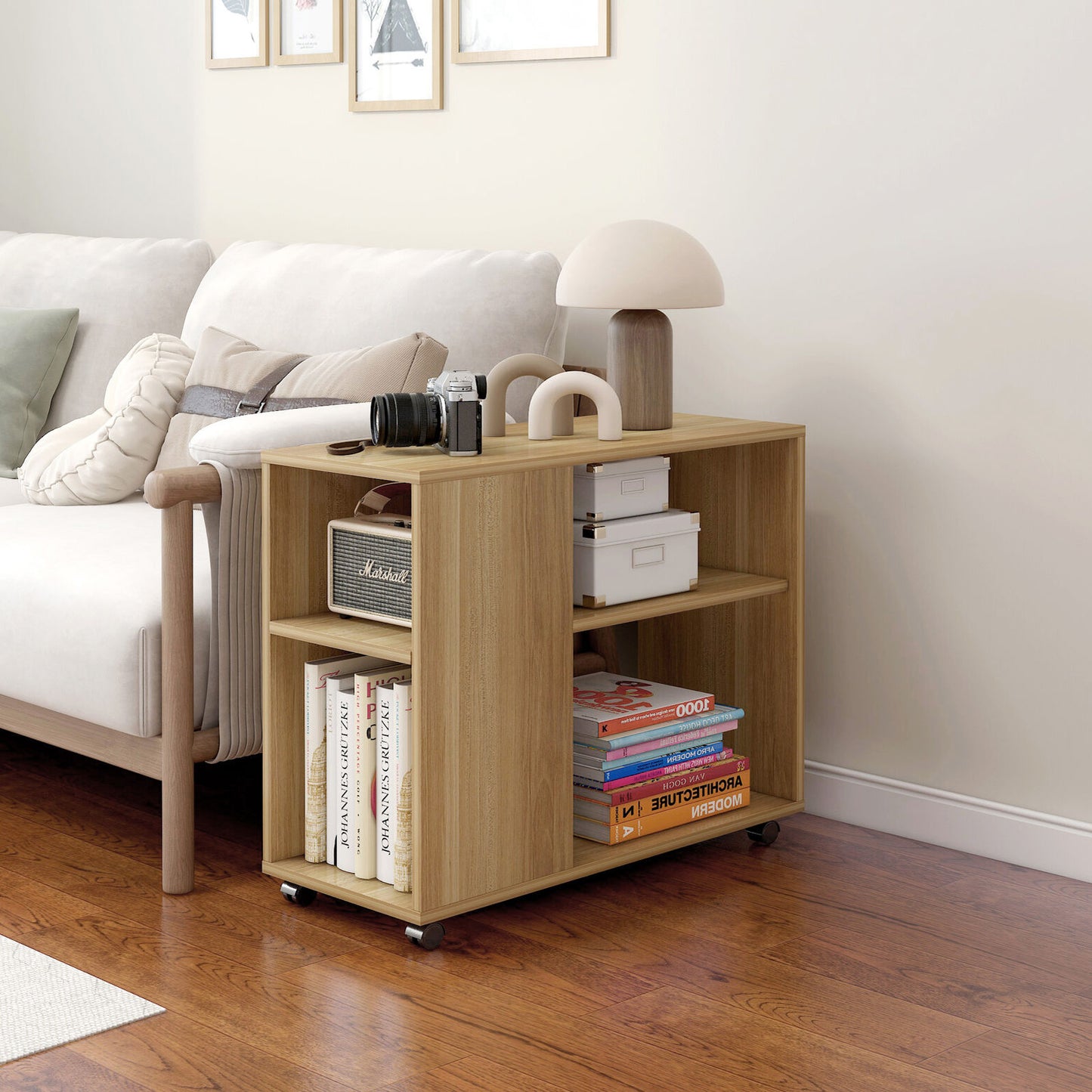 Versatile Sofa Side Table & Magazine Shelf with Casters (Oak)
