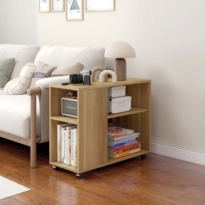 Versatile Sofa Side Table & Magazine Shelf with Casters (Oak)