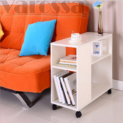 Versatile Sofa Side Table & Magazine Shelf with Casters (White)