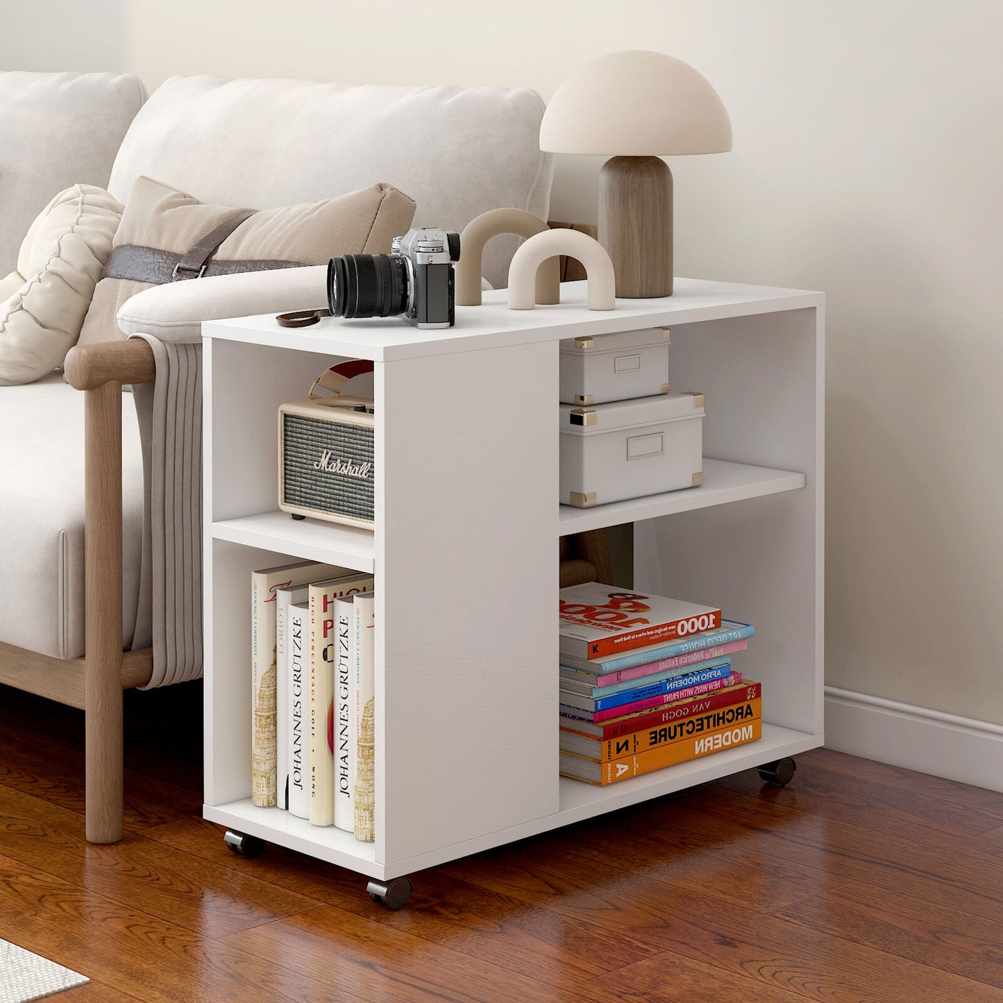 Versatile Sofa Side Table & Magazine Shelf with Casters (White)