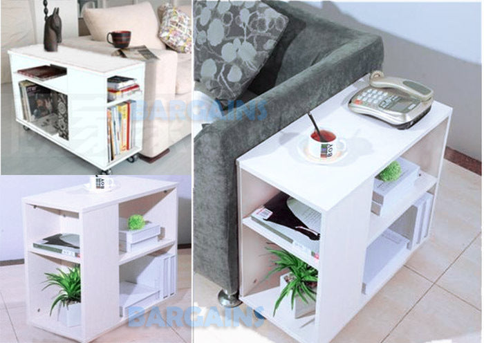 Versatile Sofa Side Table & Magazine Shelf with Casters (White)