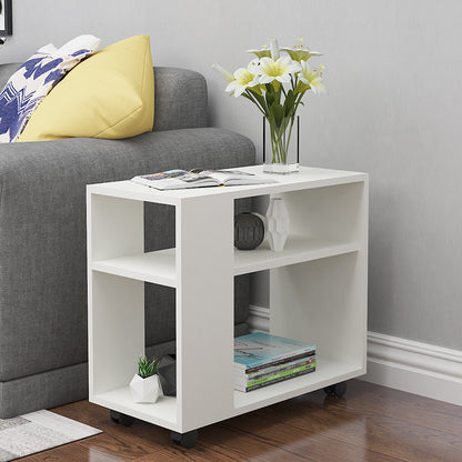 Versatile Sofa Side Table & Magazine Shelf with Casters (White)