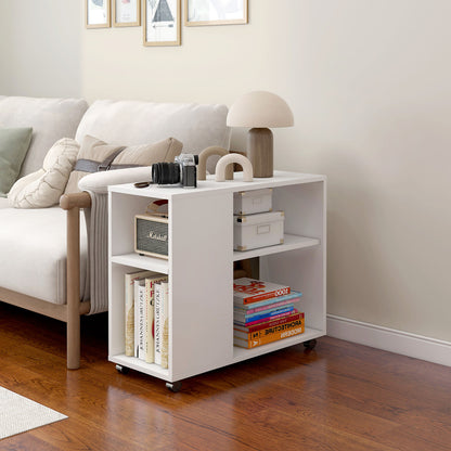 Versatile Sofa Side Table & Magazine Shelf with Casters (White)