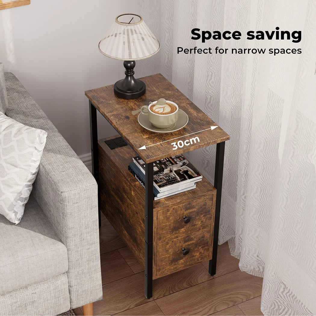 Verona Rustic Wood & Metal Bedside Sofa Side Table with Drawers