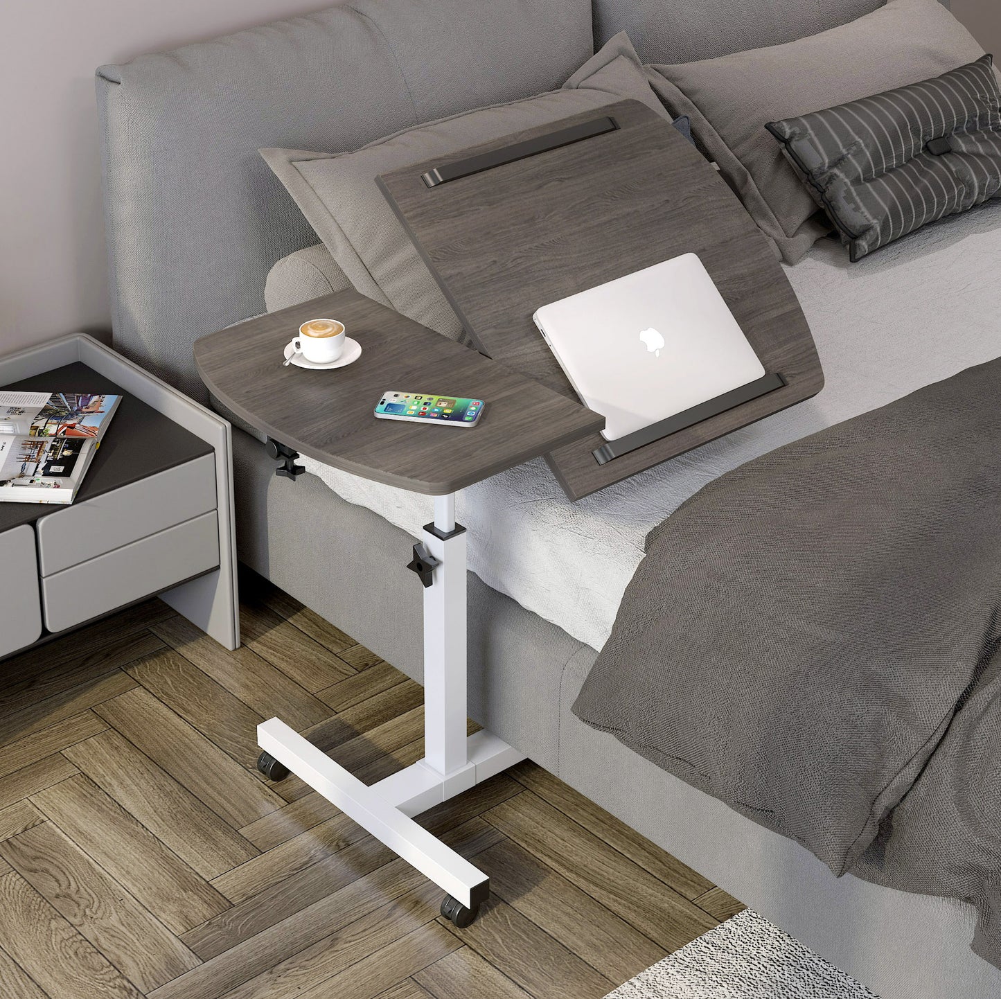 Motif 2-in-1 Adjustable Portable Sofa Bed Side Table Laptop Desk with Wheels (Driftwood Gey)