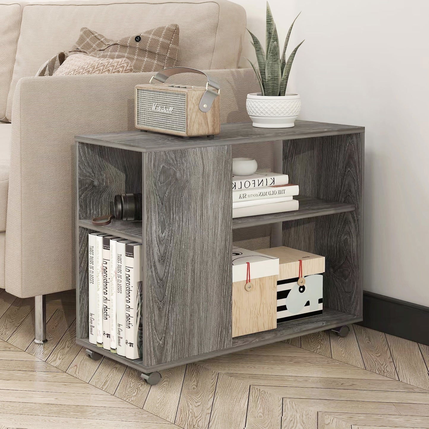 Versatile Sofa Side Table & Magazine Shelf with Casters (Driftwood)