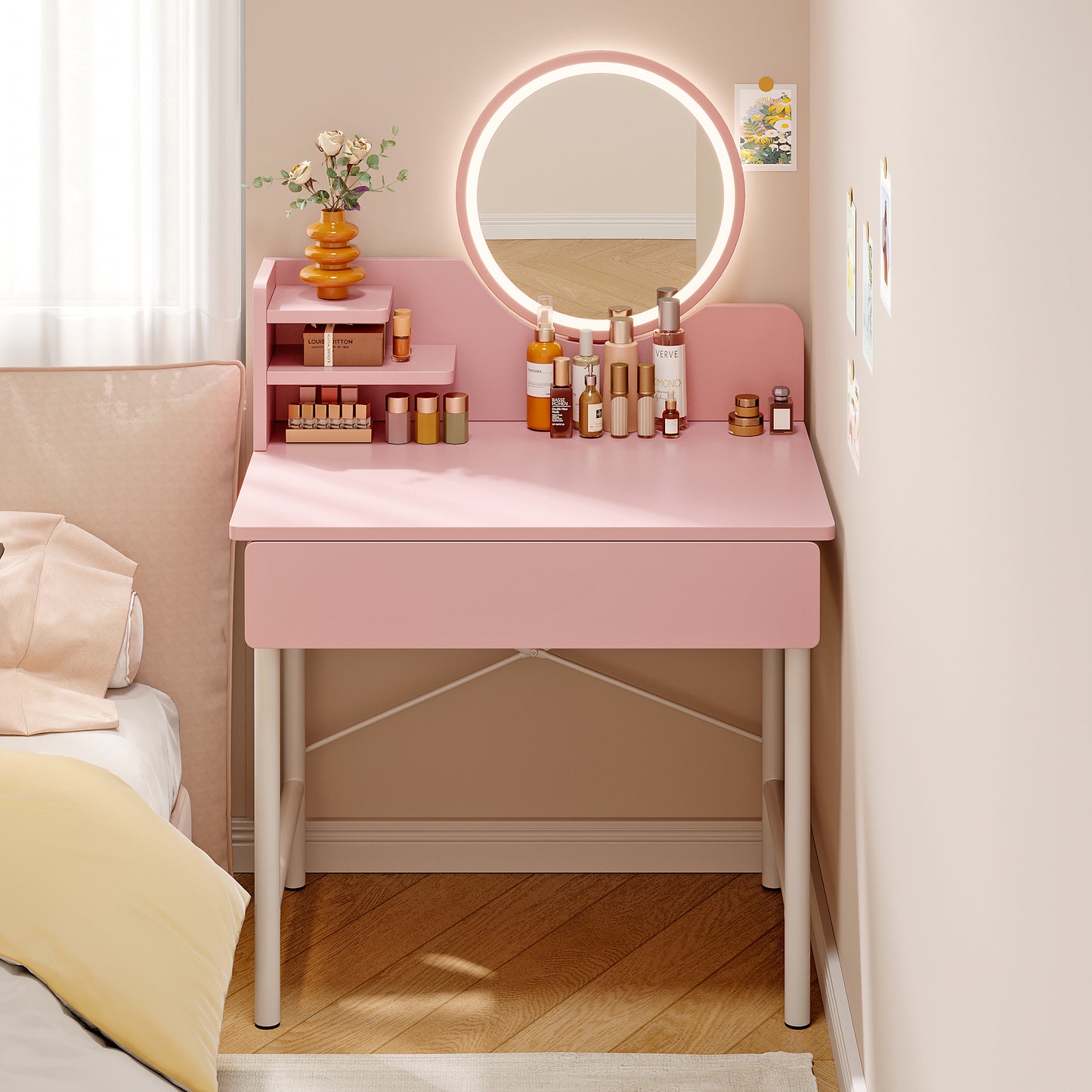 LED Luminous Mirror Makeup Vanity Dressing Table Pink Dresser with Drawer Storage