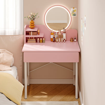 LED Luminous Mirror Makeup Vanity Dressing Table Pink Dresser with Drawer Storage