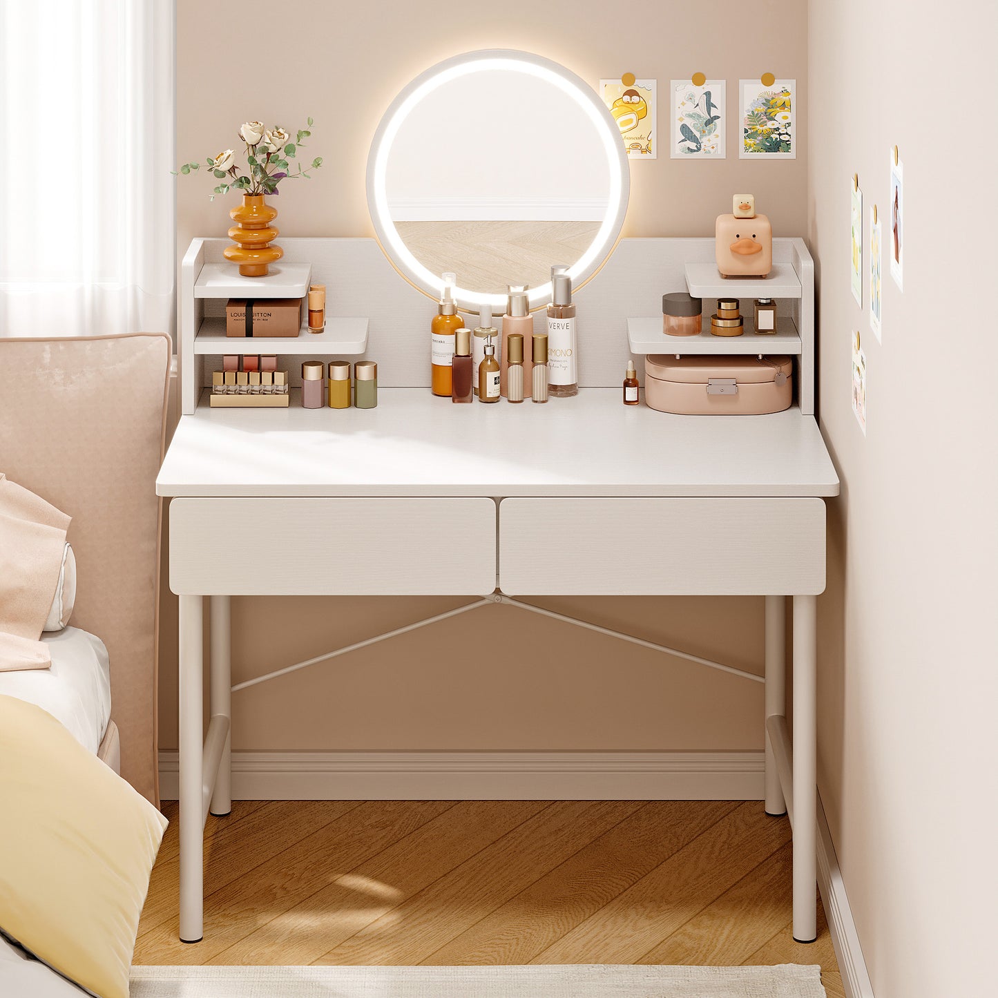 LED Luminous Mirror White Makeup Vanity Dressing Table with Storage Drawers