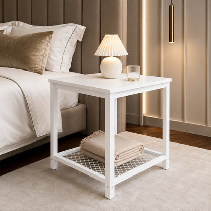 Loft White Industrial Wood & Steel Side Table with Storage Shelf