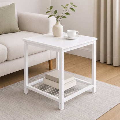 Loft White Industrial Wood & Steel Side Table with Storage Shelf
