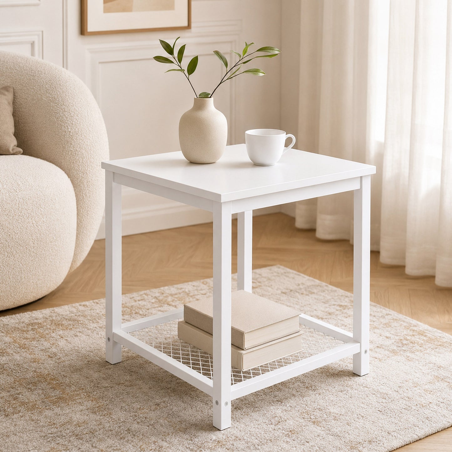 Loft White Industrial Wood & Steel Side Table with Storage Shelf