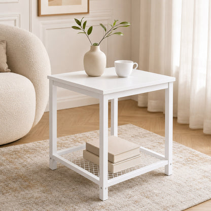 Loft White Industrial Wood & Steel Side Table with Storage Shelf