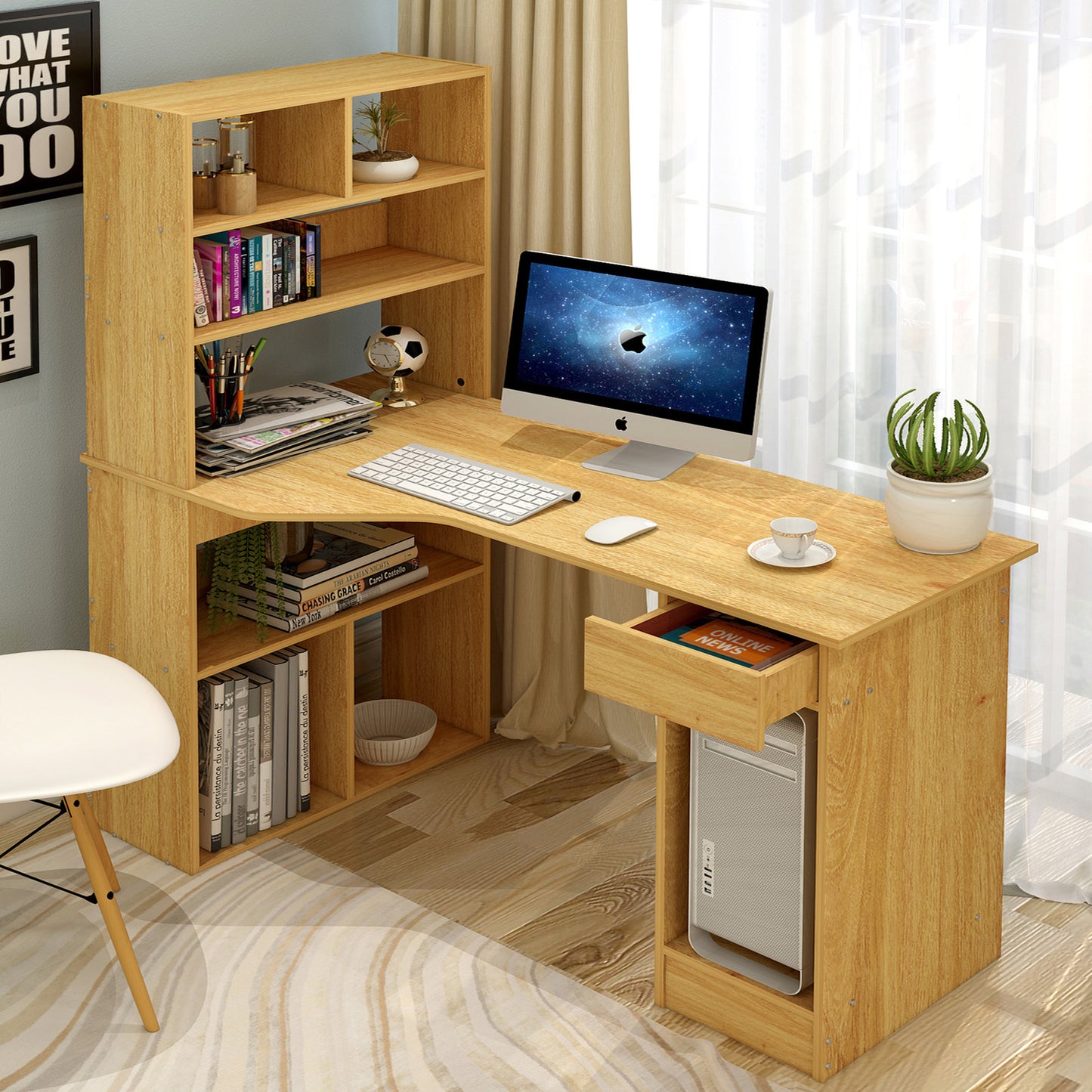 Large Combination Workstation Computer Desk with Storage Shelves (Oak)