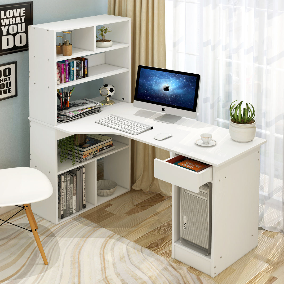 Large Combination Workstation Computer Desk with Storage Shelves (Whit