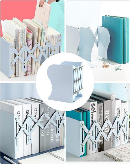 Adjustable Bookend Holder Retractable Book Stand Storage Shelf Unit Office Organiser (Blue)