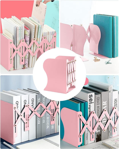 Adjustable Bookend Holder Retractable Book Stand Storage Shelf Unit Office Organiser (Pink)