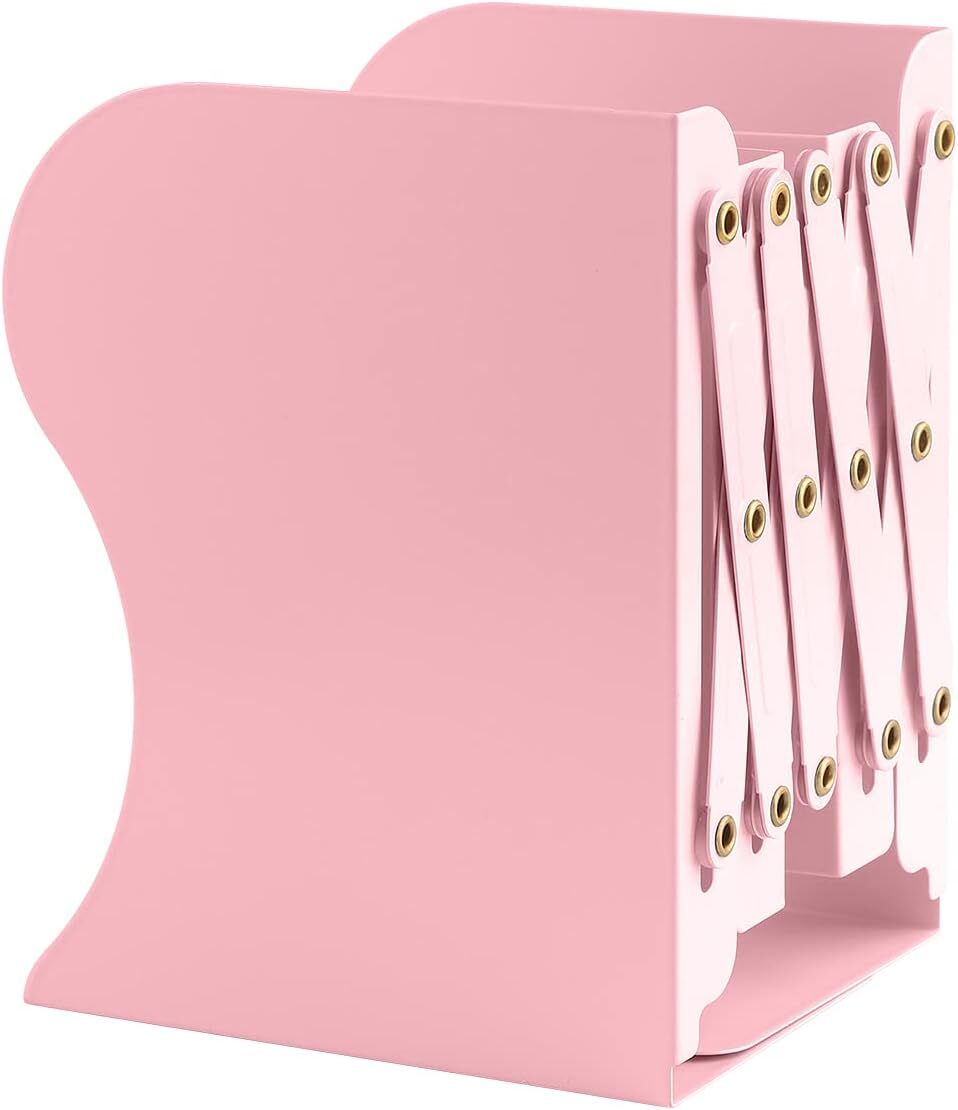 Adjustable Bookend Holder Retractable Book Stand Storage Shelf Unit Office Organiser (Pink)