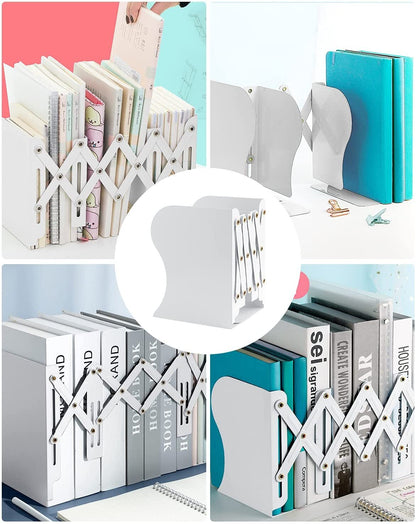 Adjustable Bookend Holder Retractable Book Stand Storage Shelf Unit Office Organiser (White)