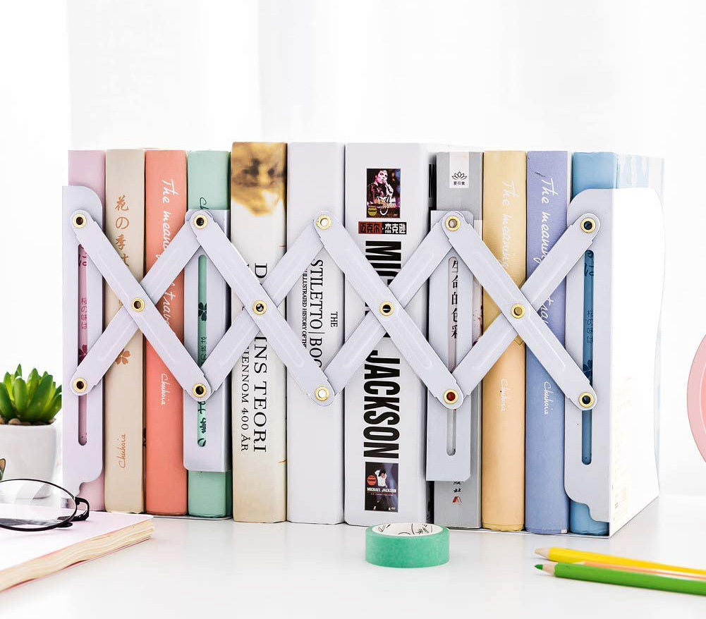 Adjustable Bookend Holder Retractable Book Stand Storage Shelf Unit Office Organiser (White)