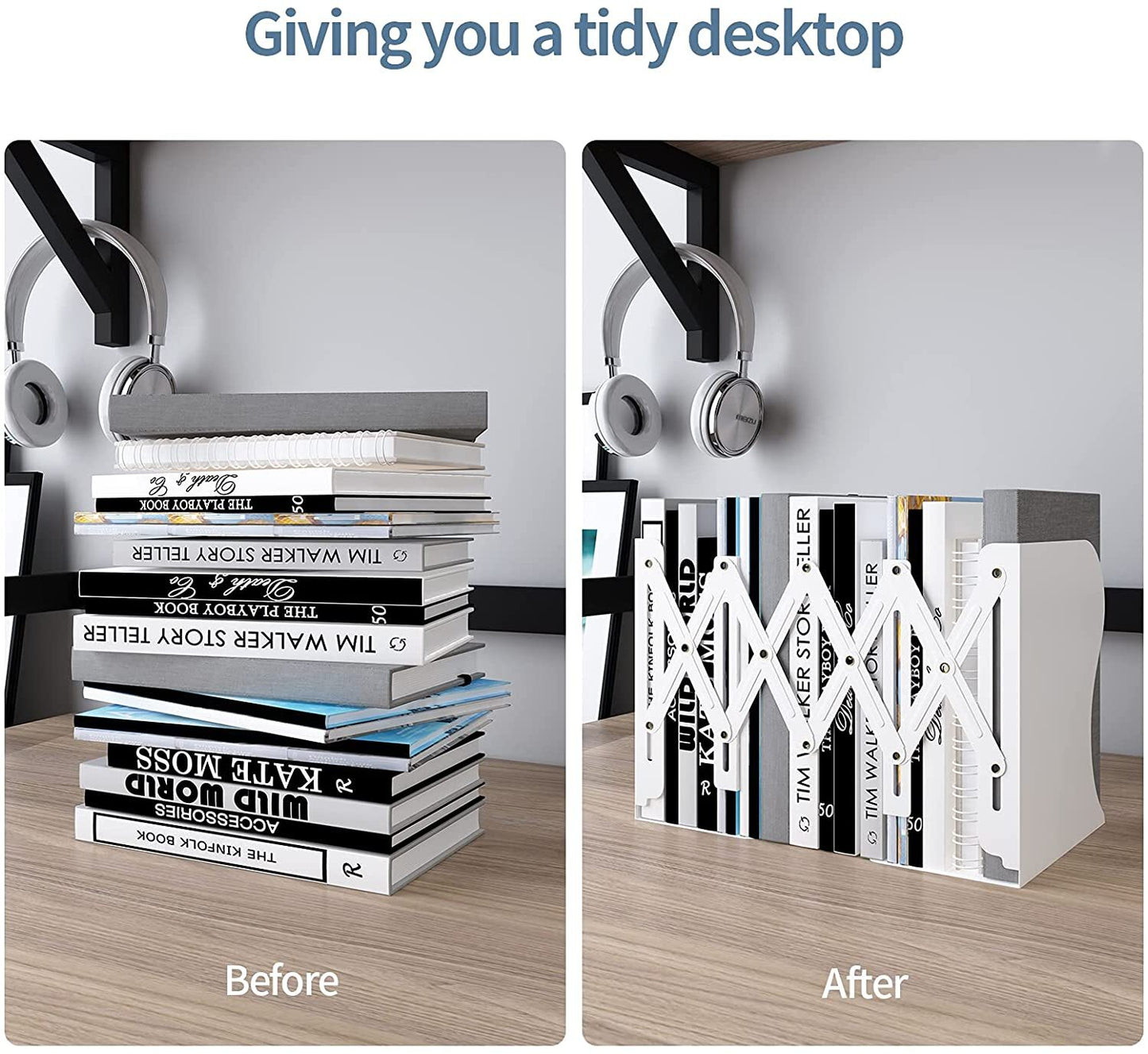 Adjustable Bookend Holder Retractable Book Stand Storage Shelf Unit Office Organiser (White)